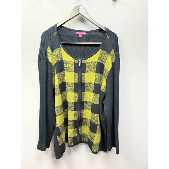 Jessica London Sweater Womens plus size 26/28 Green/Black Plaid‎ Zip front - Picture 1 of 6